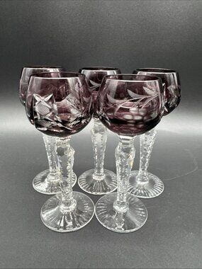 Set 5 LAUSITZER ? Amethyst CUT TO CLEAR 5 1/4" CORDIAL LIQUEUR WINE GLASS Grape